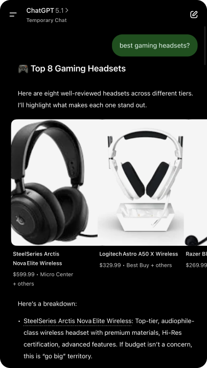 ChatGPT conversation showing SteelSeries being recommended by AI.